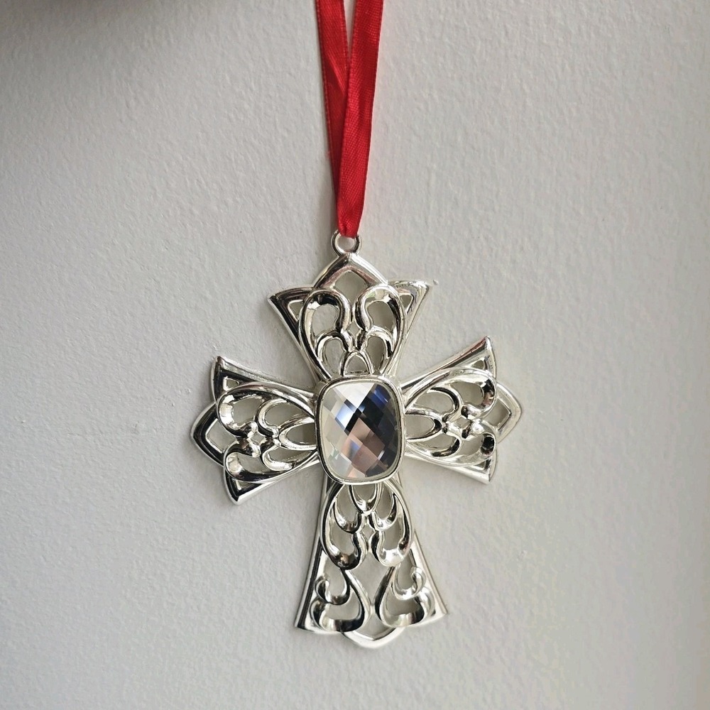 Vintage Lenox Gemmed Cross Ornament Silver Plated Bejeweled 4.25" Christmas